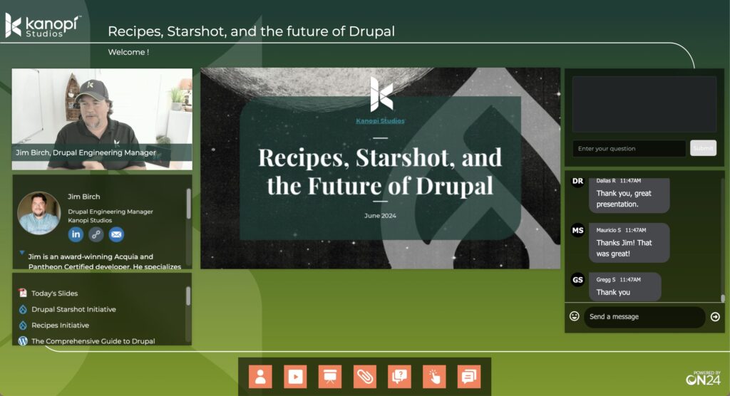 Screenshot from Jim Birch's webinar on Drupal recipes and Starshot